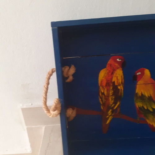 Wooden tray with hand-painted parrots like new, 50×30 cm