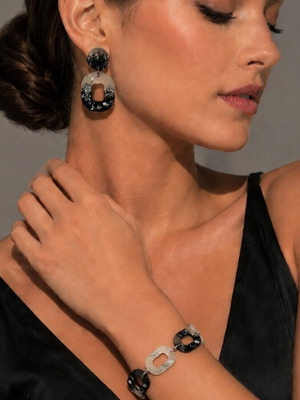 Handmade bracelet and earrings set in black and silver liquid glass resin