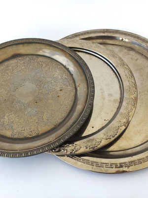 Set of 3 old used trays, silver-plated and stainless steel