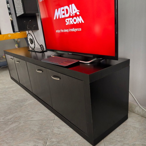 Living room TV unit with glass storage boxes, black