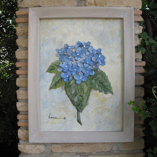 3D Artwork Blue Hortensia Painting on Canvas with Pinecone Flowers New