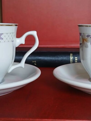Coffee-tea cups used, set of 2, porcelain with white saucer