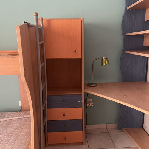 Bunk bed set with desk, shelves and storage, like new