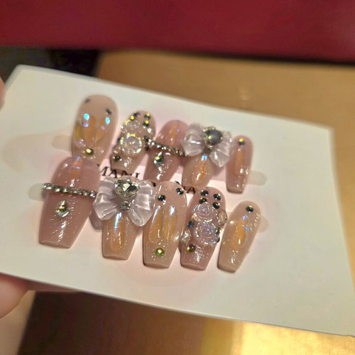 Embelished Press On Nails handmade double layered acrylic cat eye