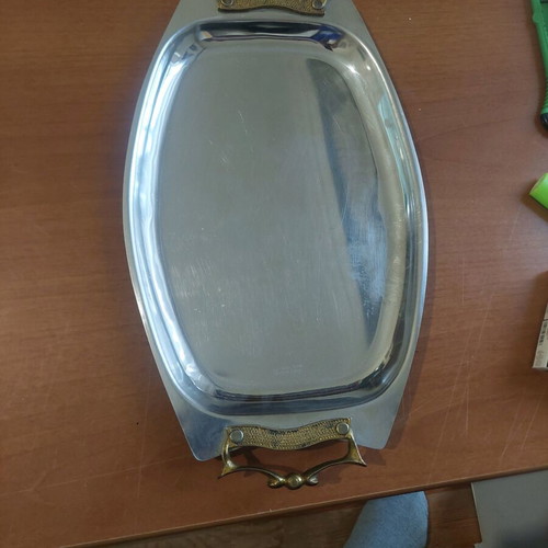 Vintage stainless steel serving tray used, year 1950