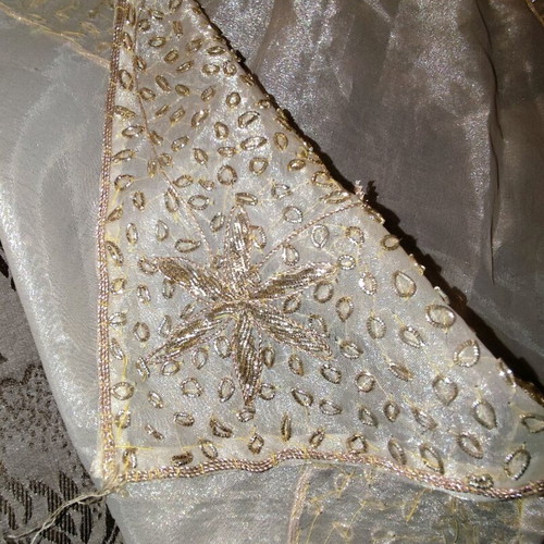 Tablecloth used, gold organza silk from India hand embroidered