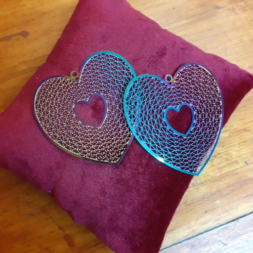 Filigree heart charms new, 2 iridescent hanging pieces