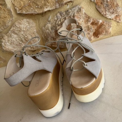 Flatform sandals lace up used, grey beige suede, size 39, 9 cm heel