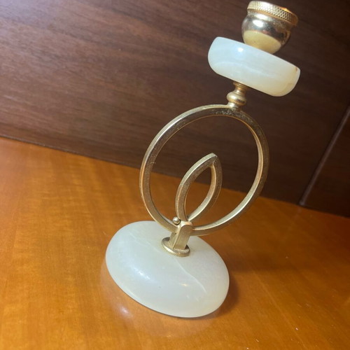 Vintage Alabaster Candlestick with Brass Ankh Symbol like new