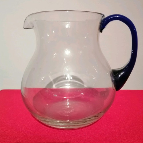 Vintage crystal pitcher with handmade cobalt blue handle, like new