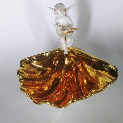 Decorative bowl fontaniera Angel on Pearl used, porcelain with Swarovski