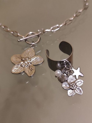 Silver necklace and ring set with charms made of stainless steel new