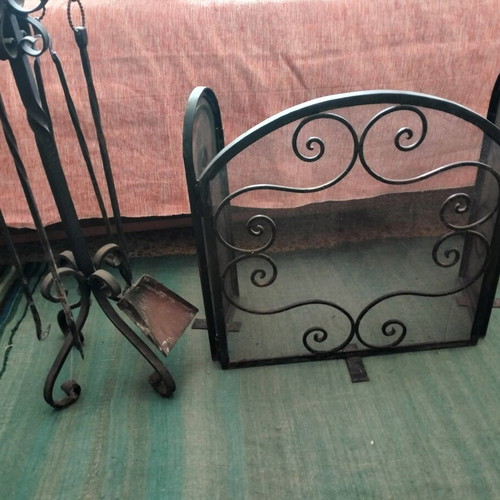 Fireplace screen with accessories used, heavy-duty forged black set