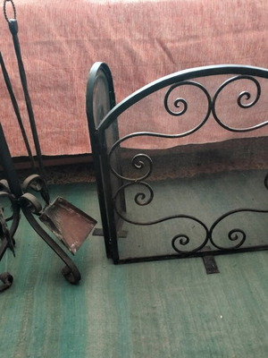 Fireplace screen with accessories used, heavy-duty forged black set