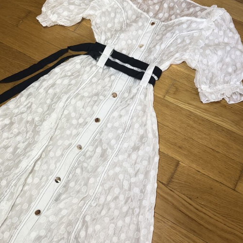 Midi dress S like new, white with puff sleeves and black waist ties