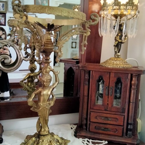 Vintage brass table lamp with cherub and hanging crystals