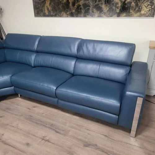 Turquoise Blue Leather Corner Sofa Torres with Electric Relax Mechanism New
