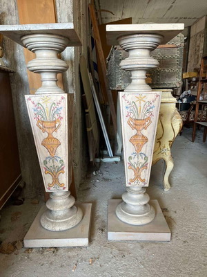 Wooden decorative pedestals refurbished, neoclassical style, pair