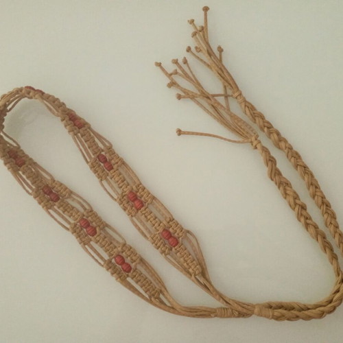 Handmade belt with wooden beads adjustable, like new, beige and red