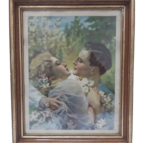 Vintage framed lithograph of a loving couple used