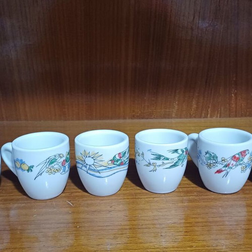 Loumidis Papagalos coffee cups set of 6 with D. Mytaras prints, new