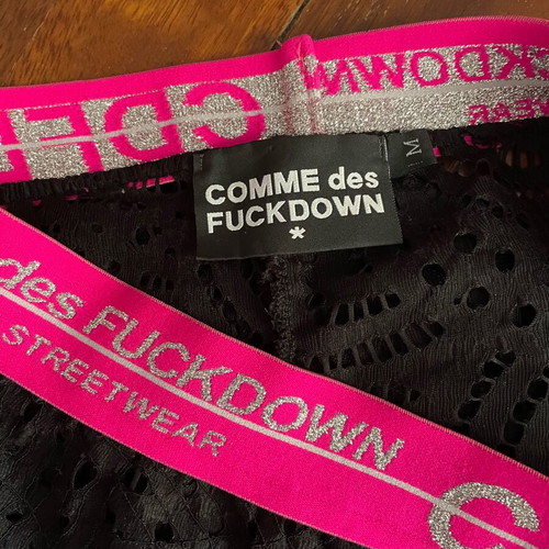 Comme Des Fuckdown lace pants with fuchsia elastic logo, like new