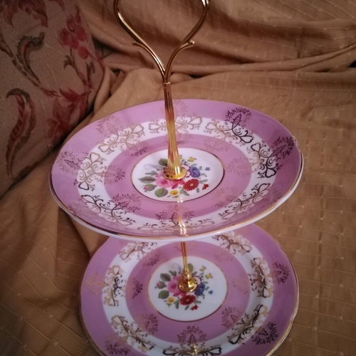 Royal Grafton two-tier antique serving stand with pink floral design