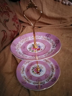 Royal Grafton two-tier antique serving stand with pink floral design