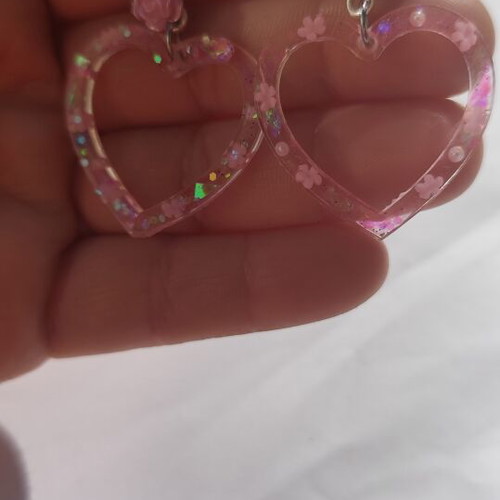 Handmade heart earrings with pink flower, new