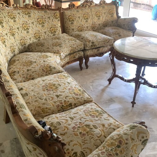 Classic handmade corner sofa like new with wood carving and gobelin fabric