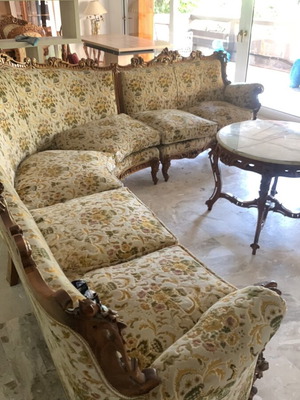 Classic handmade corner sofa like new with wood carving and gobelin fabric