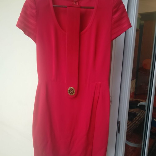 Women's vintage suit used, dress, jacket and belt, red crepe, small