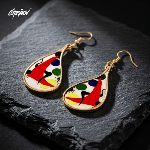 Alex Calder earrings handmade with 1971 lithograph, multicolor gold-tone
