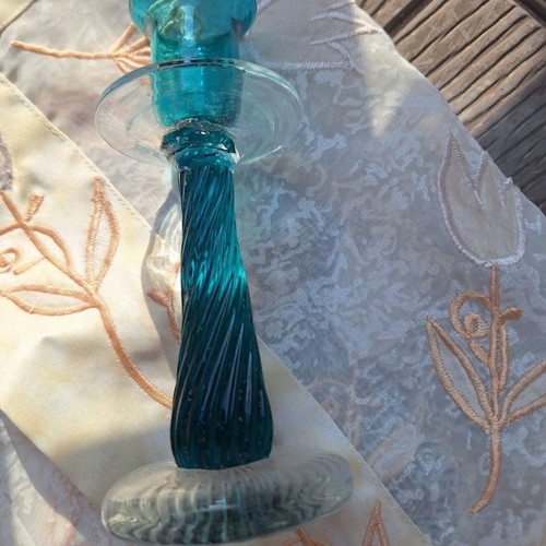 Glass candlestick new, petrol color, 16 cm height
