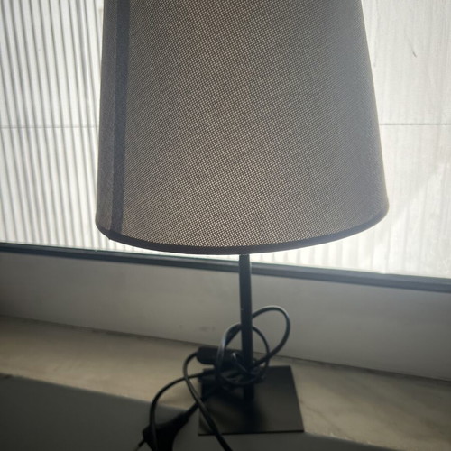 Lampshade with black metal base, beige and brown, used