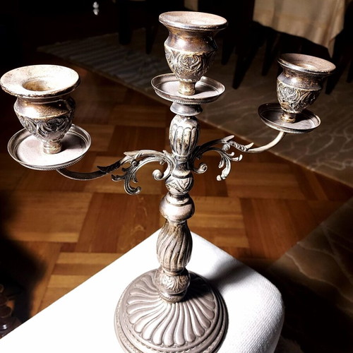 Three-Arm Candlestick 925 Sterling Silver Used, Baroque Style