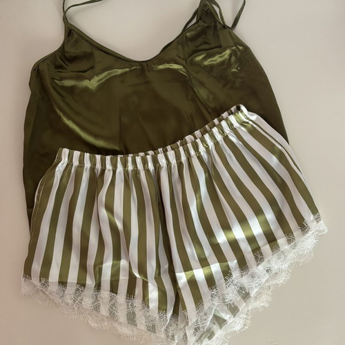 Satin pajama set khaki and white top & shorts, new, size M