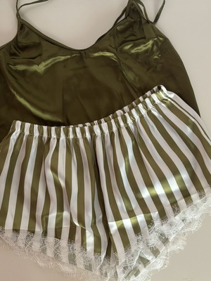 Satin pajama set khaki and white top & shorts, new, size M