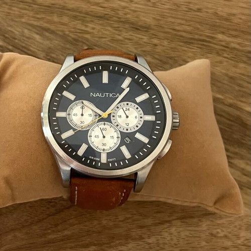 Nautica Chronograph men's watch with blue dial and brown leather strap like new