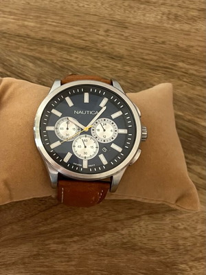 Nautica Chronograph men's watch with blue dial and brown leather strap like new