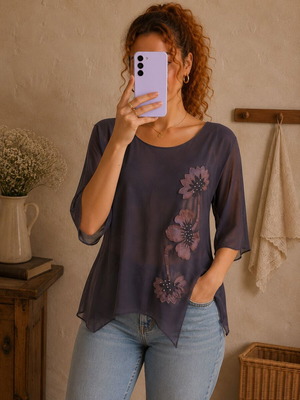 Black transparent blouse with black flower design and strass used, size L