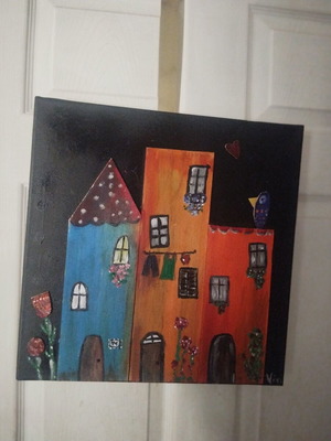 Painting on wood and canvas like new, houses 40x40 cm