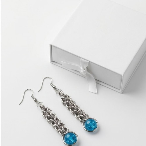 Chainmaille Full Persian Earrings with Blue Bead, new, steel