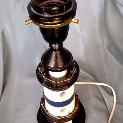 Wooden table lamp lighthouse with new lampshade and LED bulb like new