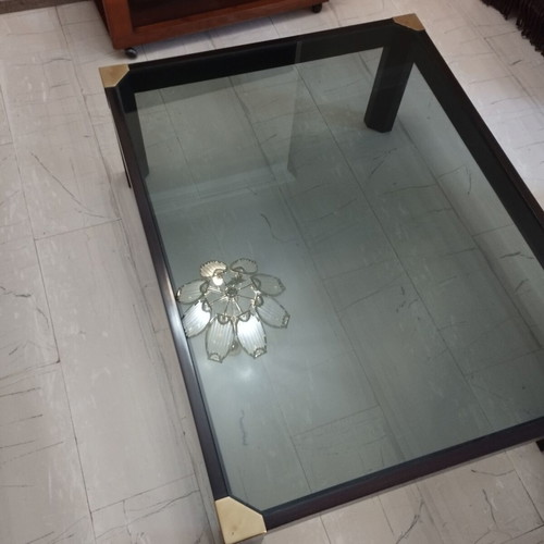 Varagkis walnut coffee table like new with brass details and smoked glass