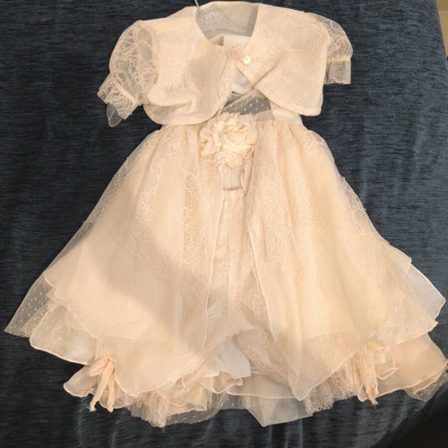 Makis Tselios Baptism Dress with Bolero and Built-in Pants, New, Soft Salmon