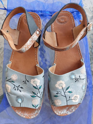 Leather sandals with hand-painted floral design, Greek made