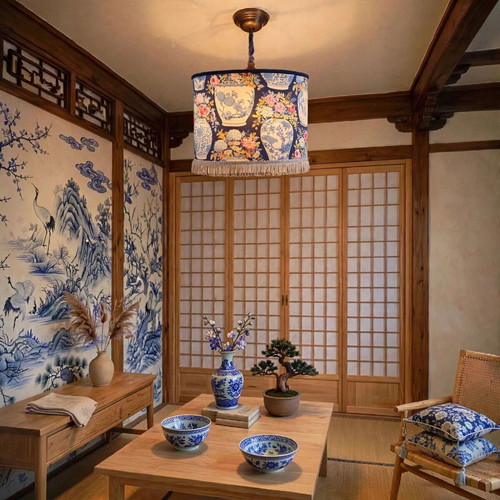Ceiling light blue Japanese vase lampshade 35x20 cm