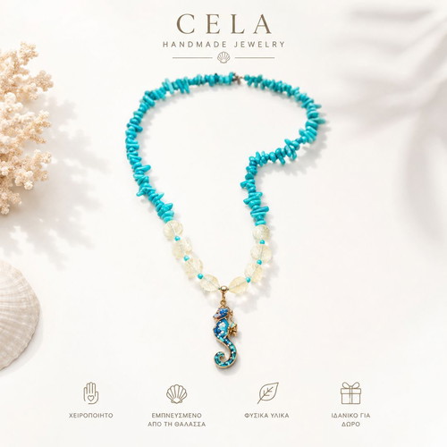 Handmade long necklace with natural coral, shells, seahorse pendant