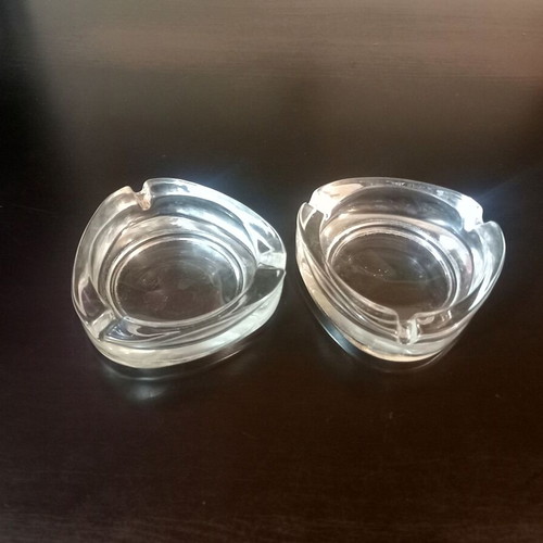 Glass ashtrays vintage set of 2 used, thick triangular design